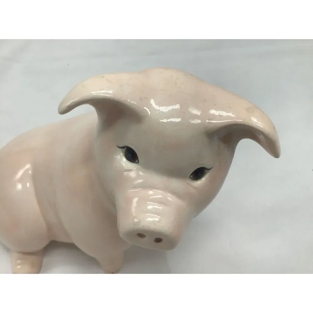 Smiling Happy Pink Pig Ceramic Porcelain Figurine 6 Inch Crazing Farmhouse